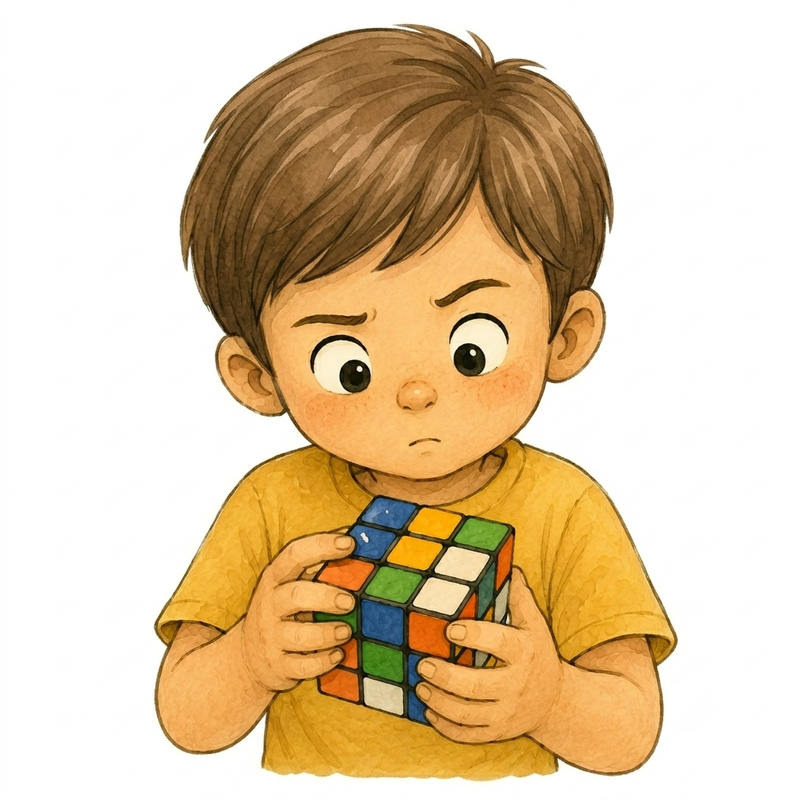 Niño resolviendo cubo de Rubik, ilustración en acuarela