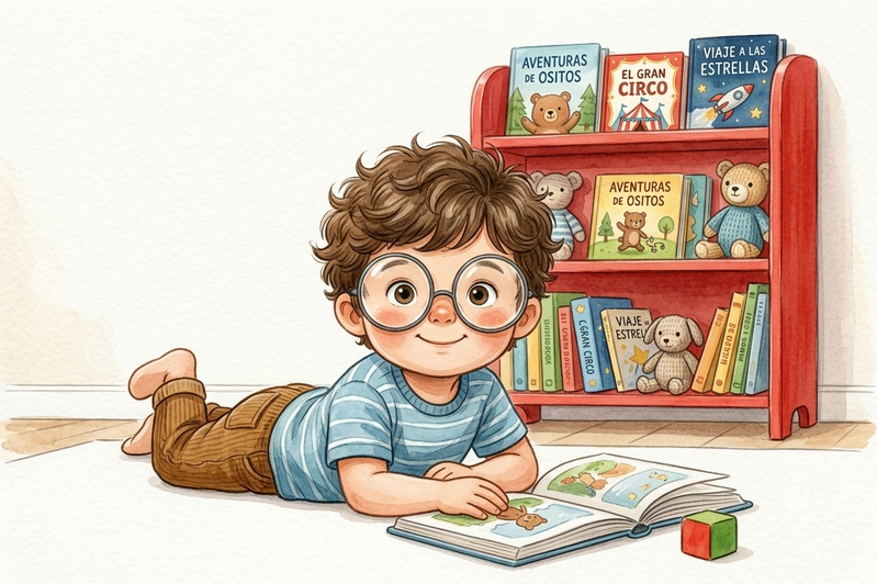 Niño leyendo un libro ilustrado en su habitación con estantería roja de fondo